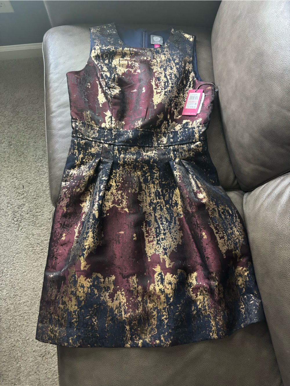 NWT Vince Camuto Metallic Gold Burgundy & Navy Fit-and-Flare Dress with Pockets